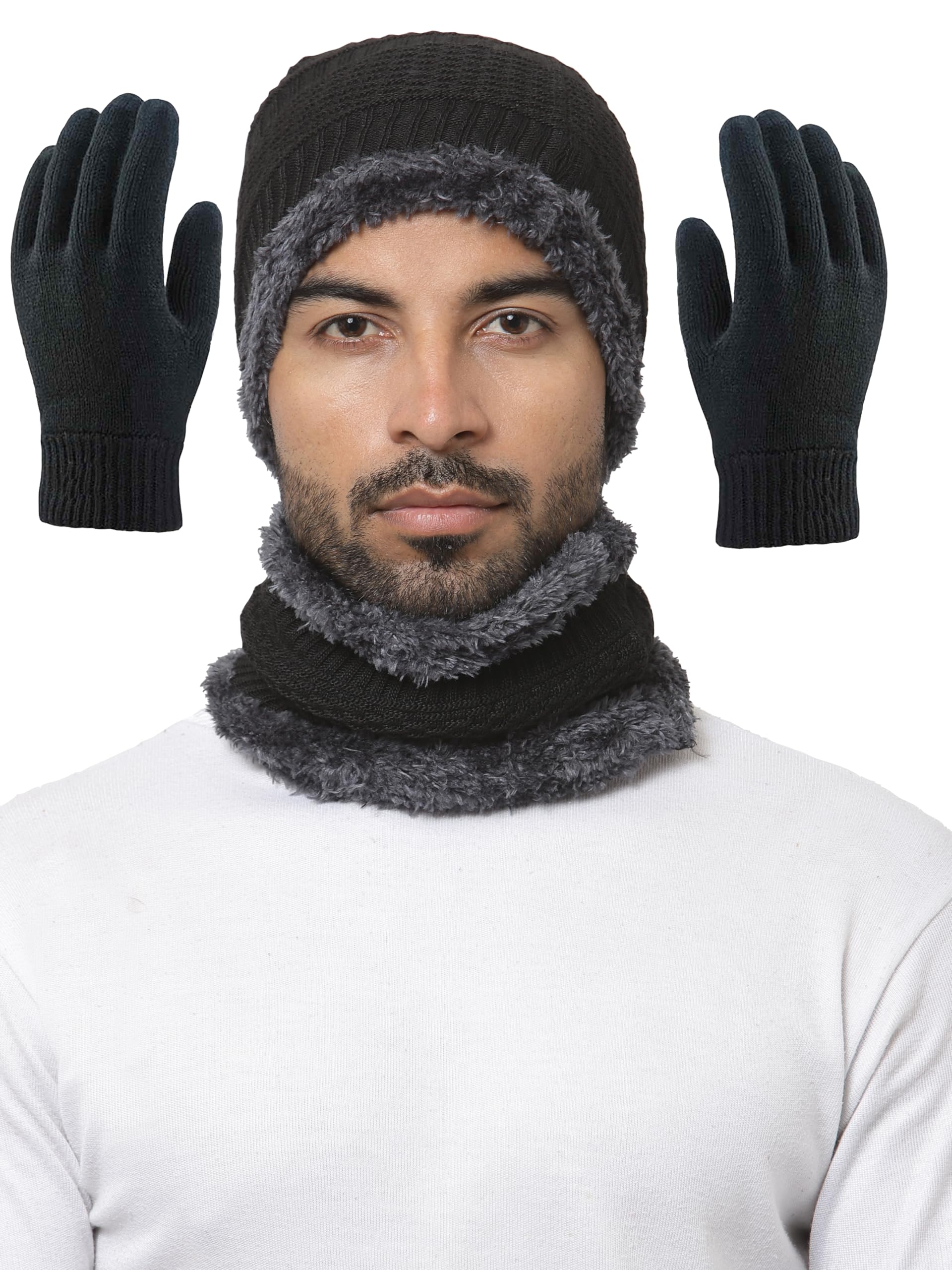 Weavers Villa Snow Proof Inside Fur Acro Unisex Beanie Cap with Neck Warmer & Woollen Gloves Set Knit Hat Thick Fleece Lined Win