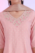 Aurelia Women'S Beige Yarn Dyed Flarred Kurta With Leggings & Stole Set