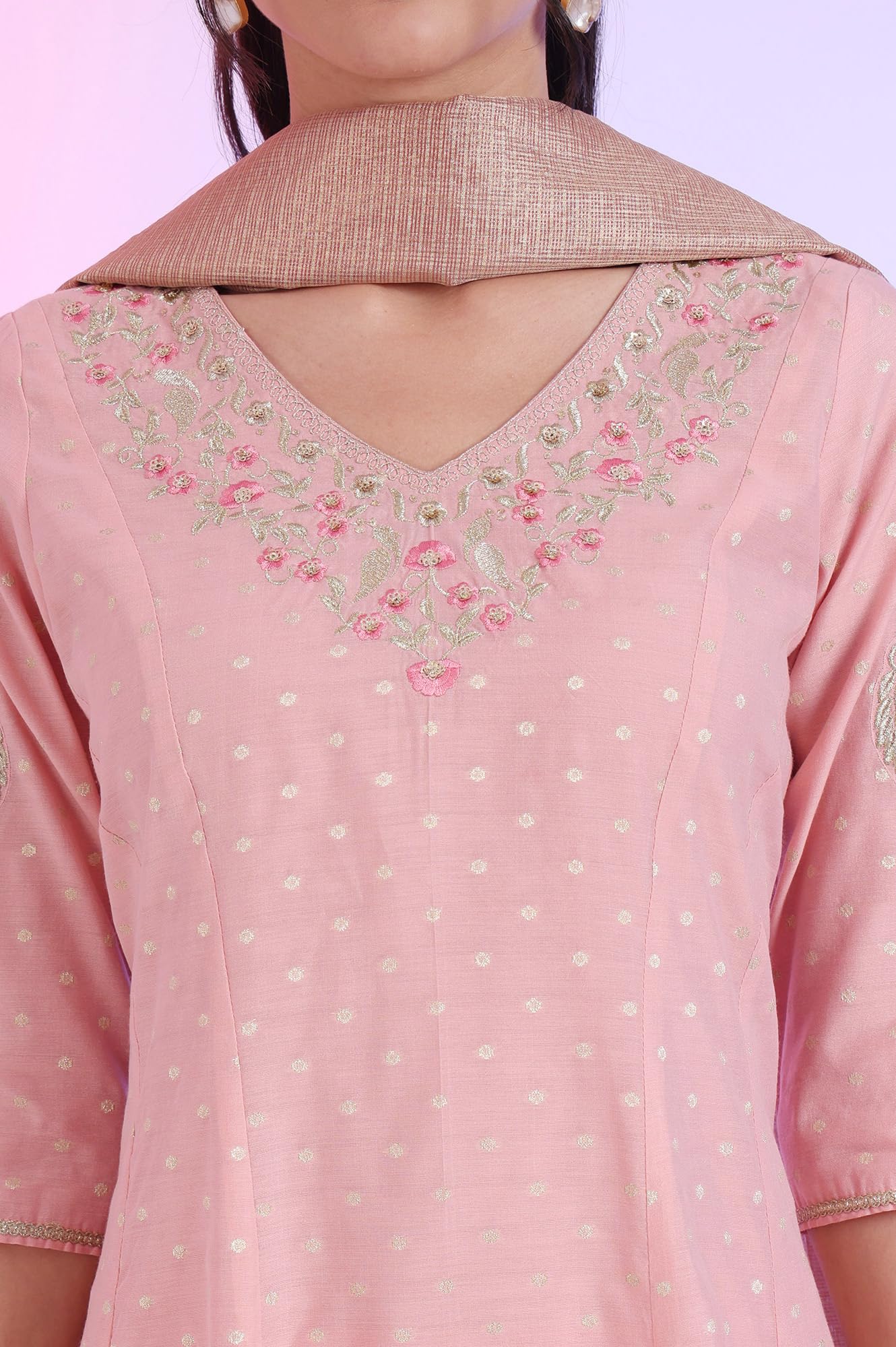 Aurelia Women'S Beige Yarn Dyed Flarred Kurta With Leggings & Stole Set