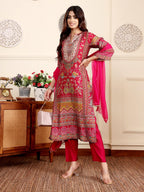 Varanga Women Pink Ethnic Floral Printed Gota Embellished Flared Sleeve Kurta With Solid Trouser & Dupatta  Stylish Ethnic Set (