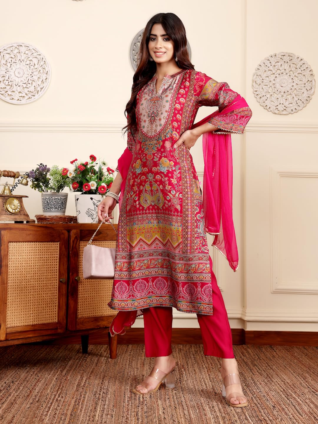 Varanga Women Pink Ethnic Floral Printed Gota Embellished Flared Sleeve Kurta With Solid Trouser & Dupatta  Stylish Ethnic Set (