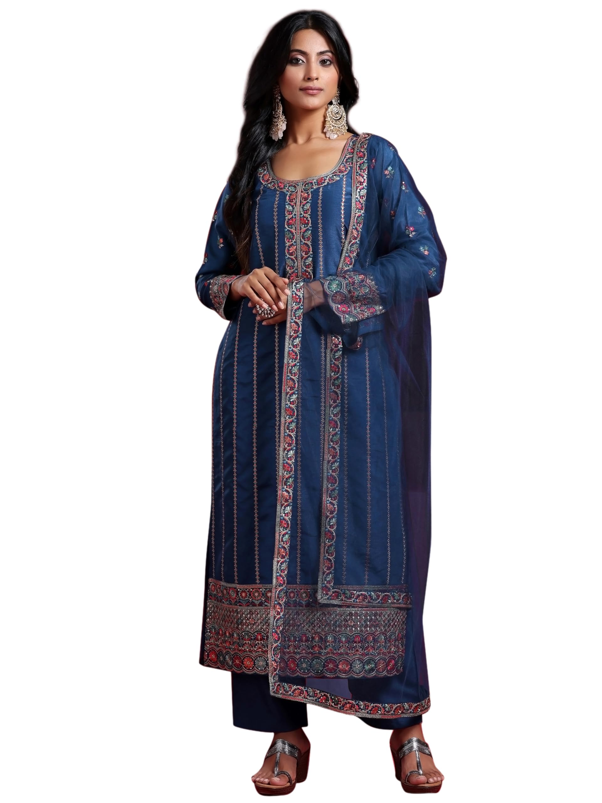 Libas Art Womens Embroidered Silk Blend Straight Kurta With Trousers And Dupatta