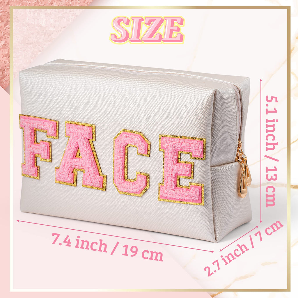 Y1tvei Preppy Patch FACE Letter Cosmetic Toiletry Bag PU Leather Portable Makeup Bag Sewn with Chenille Varsity Letter Patches W