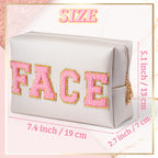 Y1tvei Preppy Patch FACE Letter Cosmetic Toiletry Bag PU Leather Portable Makeup Bag Sewn with Chenille Varsity Letter Patches W