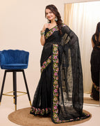 Ekasya Women Soft Organza Black Embroidery Saree