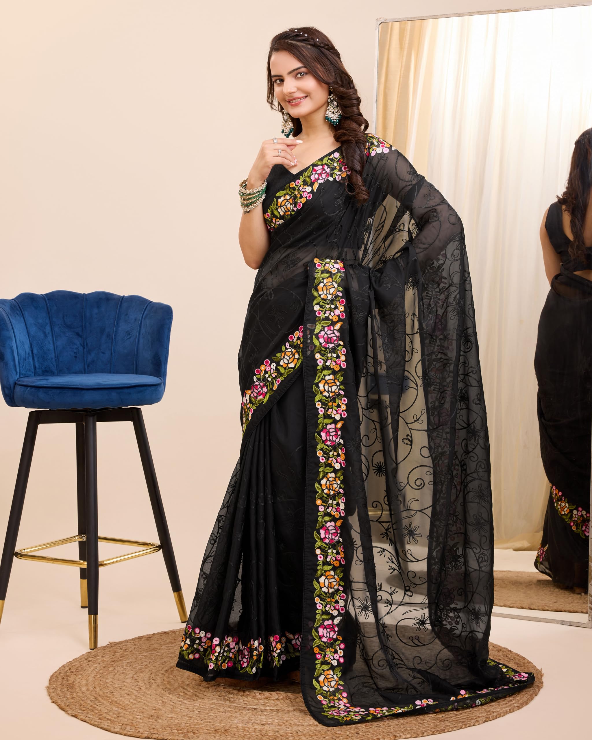 Ekasya Women Soft Organza Black Embroidery Saree