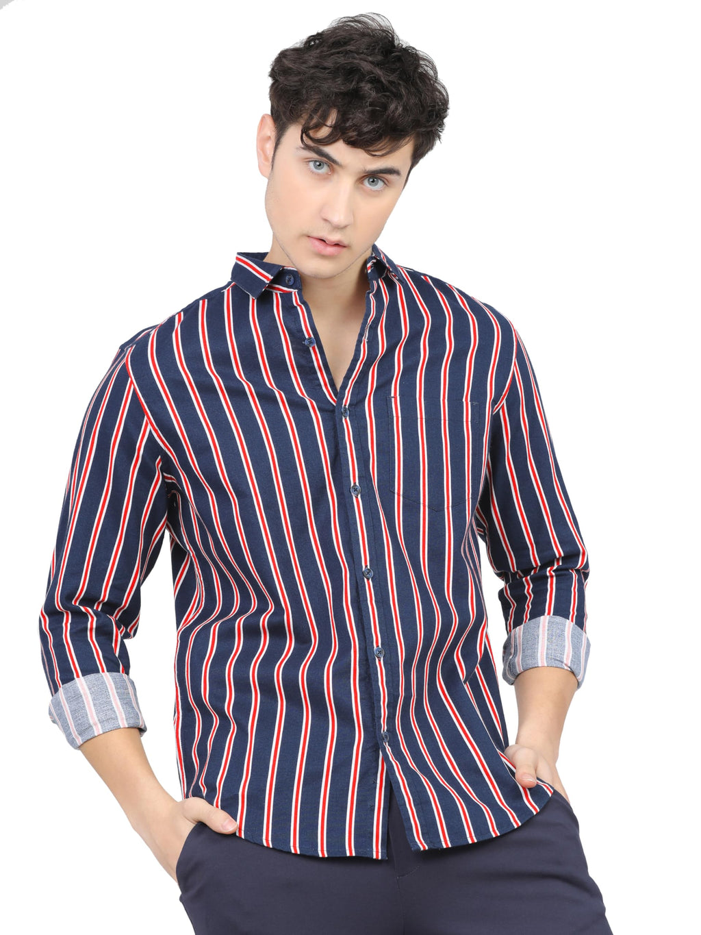 Ketch MenS Cotton Striped Slim Fit Shirt (Khsh000344_Navy/White/Red L)