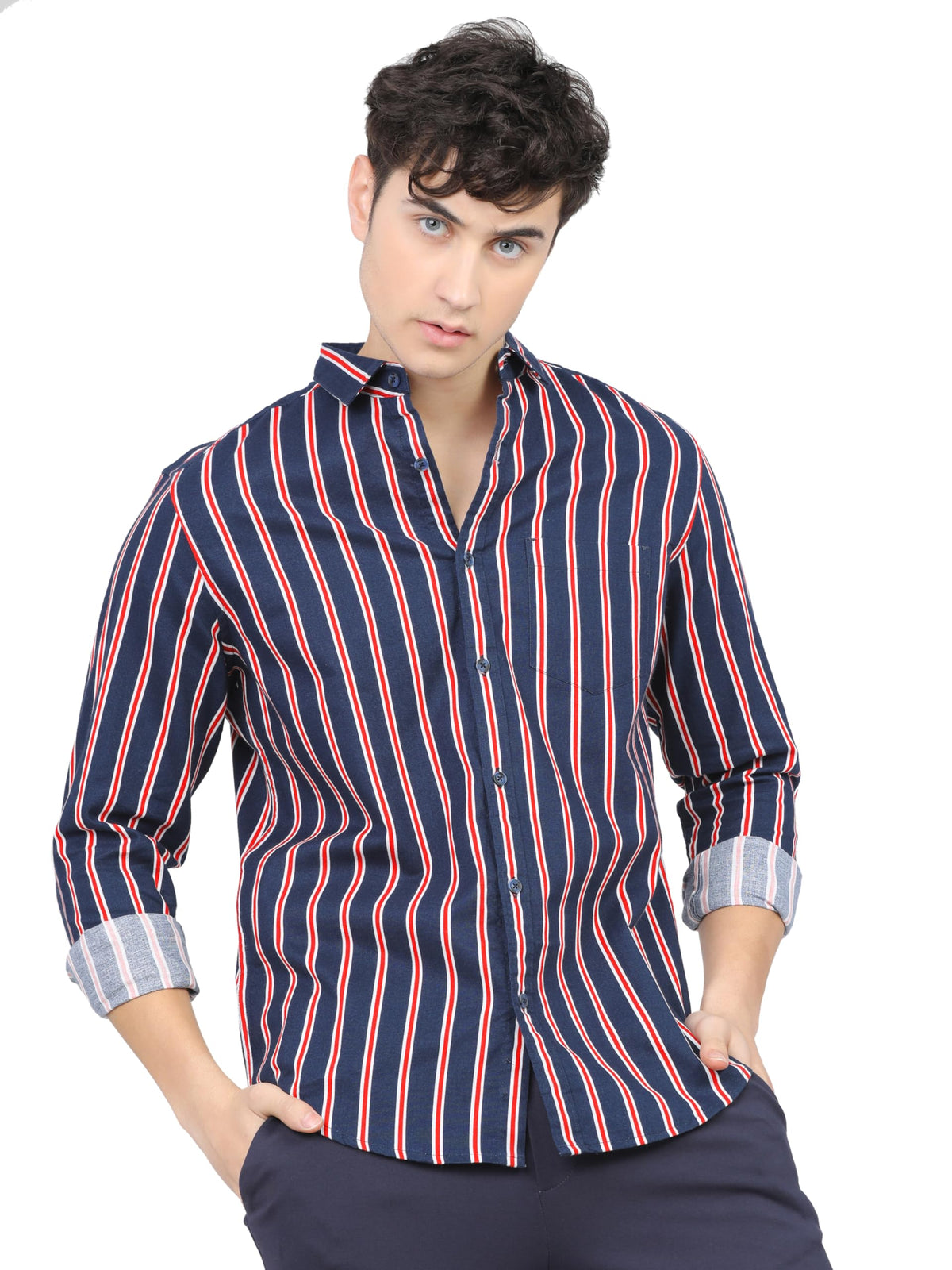 Ketch MenS Cotton Striped Slim Fit Shirt (Khsh000344_Navy/White/Red L)