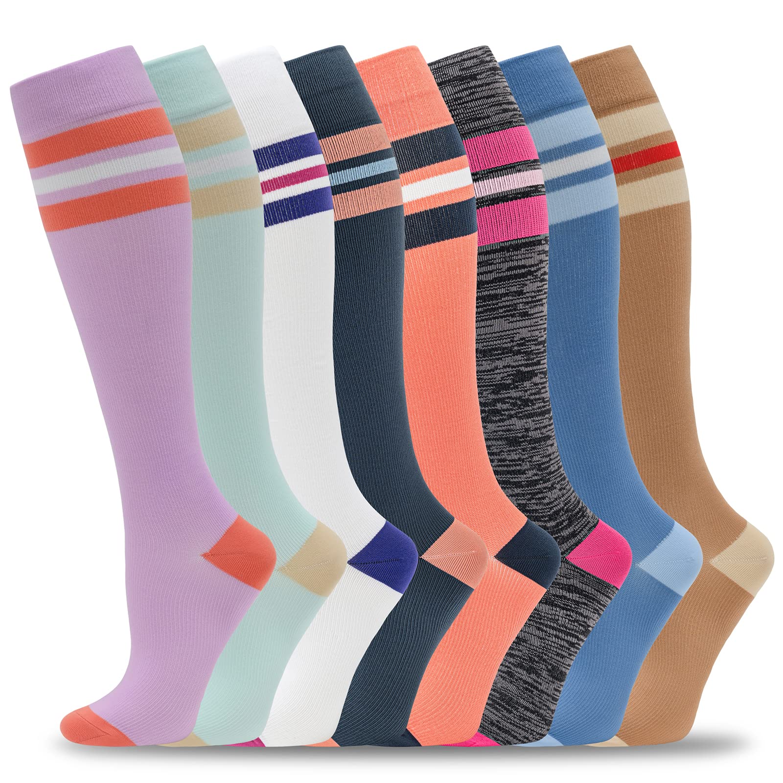 fenglaoda 8 Pairs Compression Socks for Men & Women 20-30 mmHg Knee High Nurse Pregnant Running Medical and Travel Athletic