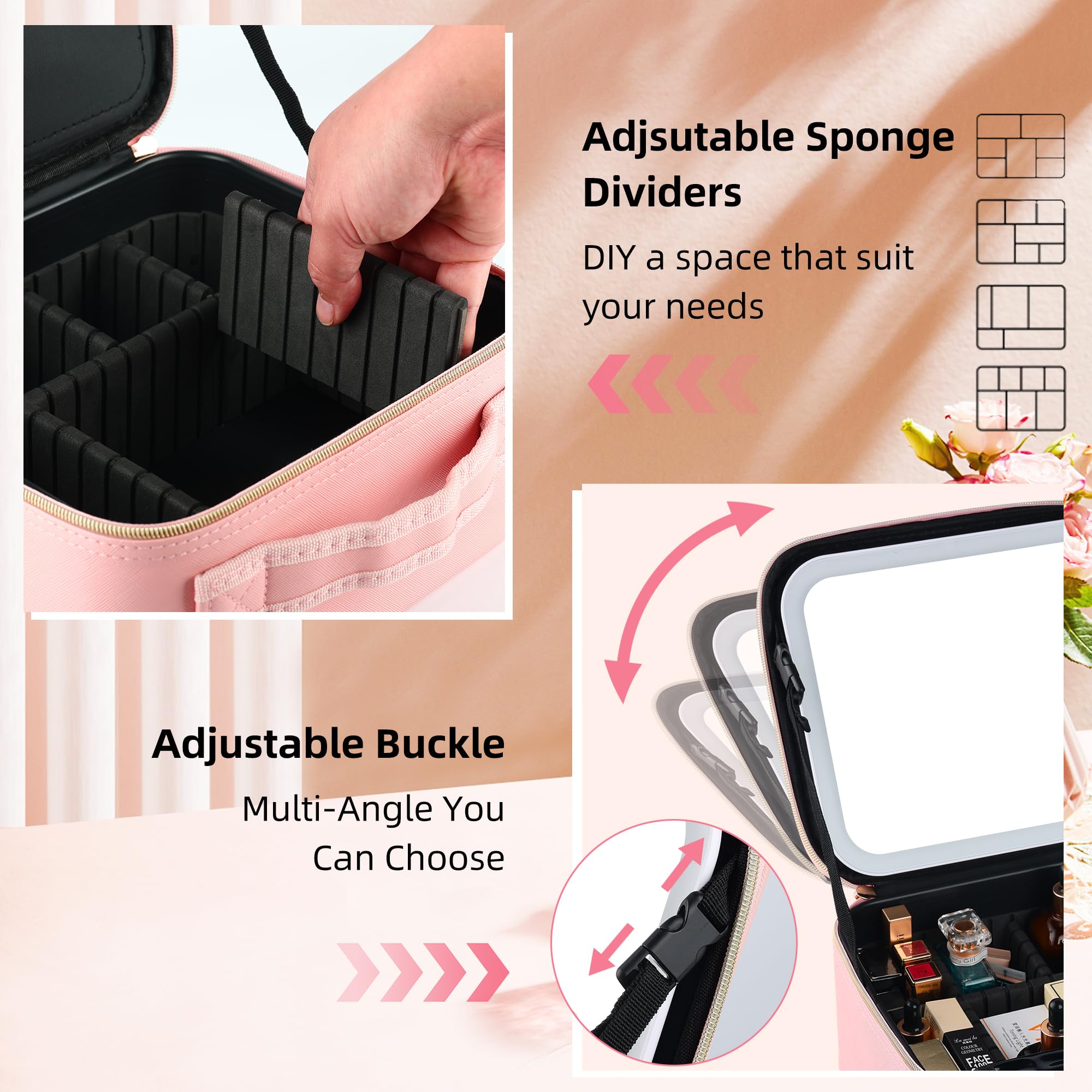 ZhenGuiRu Travel Makeup Bag with LED Lighted Mirror 3 Color Scenarios Adjustable Brightness, Waterproof Cosmetic Train Case Orga