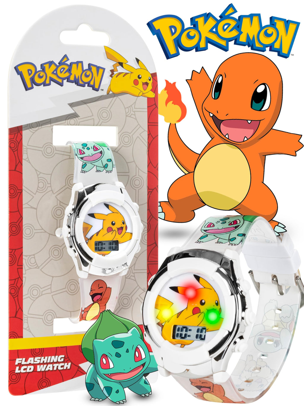 Accutime Kids Pokemon Pikachu Digital LCD Quartz White Wrist Watch with White Strap, Cool Inexpensive Gift & Party Favor for Boy