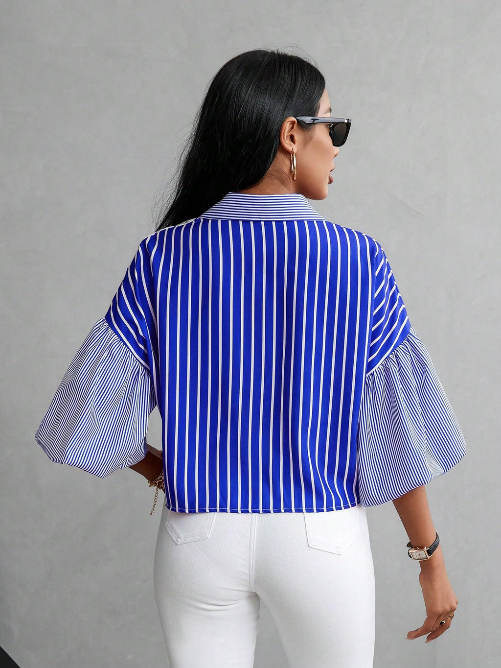 Shasmi Womens Random Striped Print Button Up Casual Shirt with Lapel Collar, Womens Fashion Striped Design Versatile Short Bat
