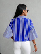 Shasmi Womens Random Striped Print Button Up Casual Shirt with Lapel Collar, Womens Fashion Striped Design Versatile Short Bat