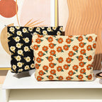 SOIDRAM 2 Pieces Flower Makeup Bag Large Corduroy Cosmetic Bag Capacity Canvas Travel Toiletry Bag Organizer Cute Makeup Brushes