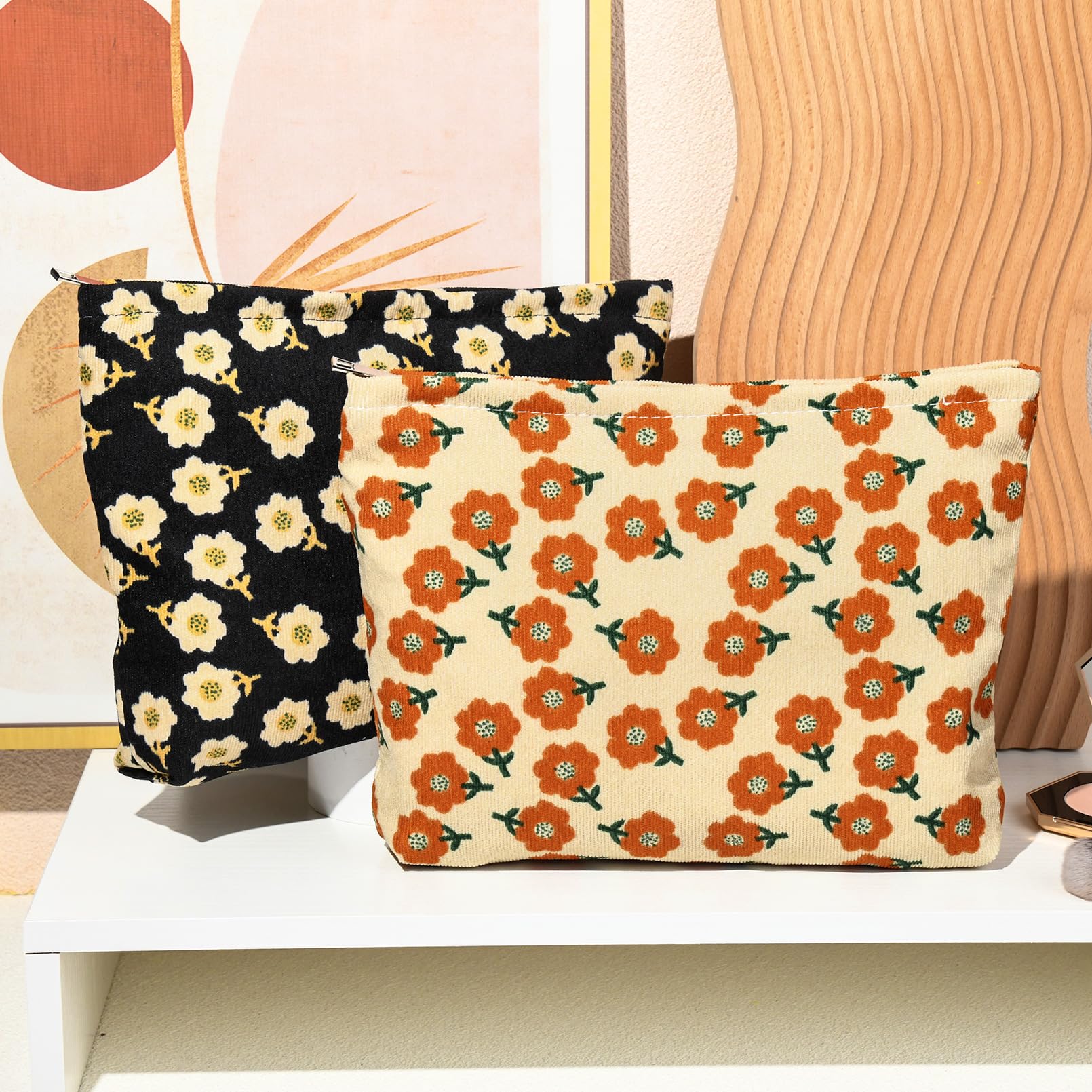 SOIDRAM 2 Pieces Flower Makeup Bag Large Corduroy Cosmetic Bag Capacity Canvas Travel Toiletry Bag Organizer Cute Makeup Brushes
