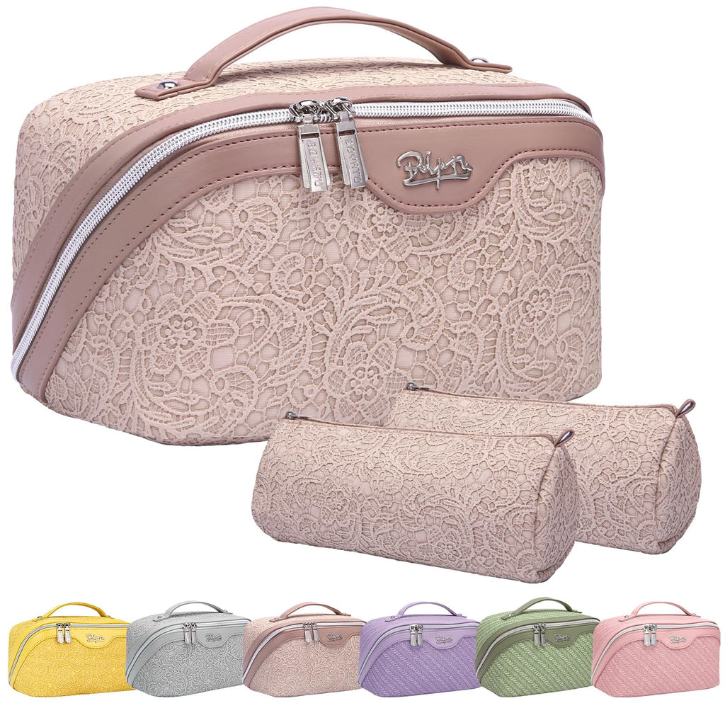 BOYATU Travel Makeup Bag for Women: Large Cosmetic Bag Set of 3 - Vegan Leather Make up Bag with Compartments - Compact Waterpro