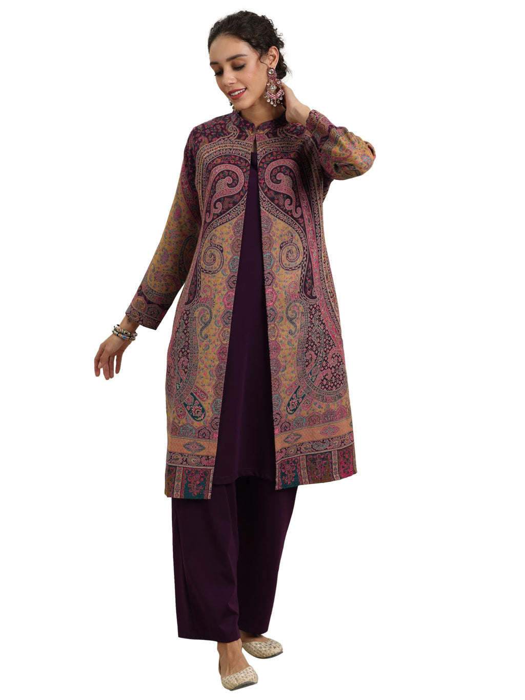 Libas Womens Woven Design Wool Straight Kurta With Palazzos And Jacket