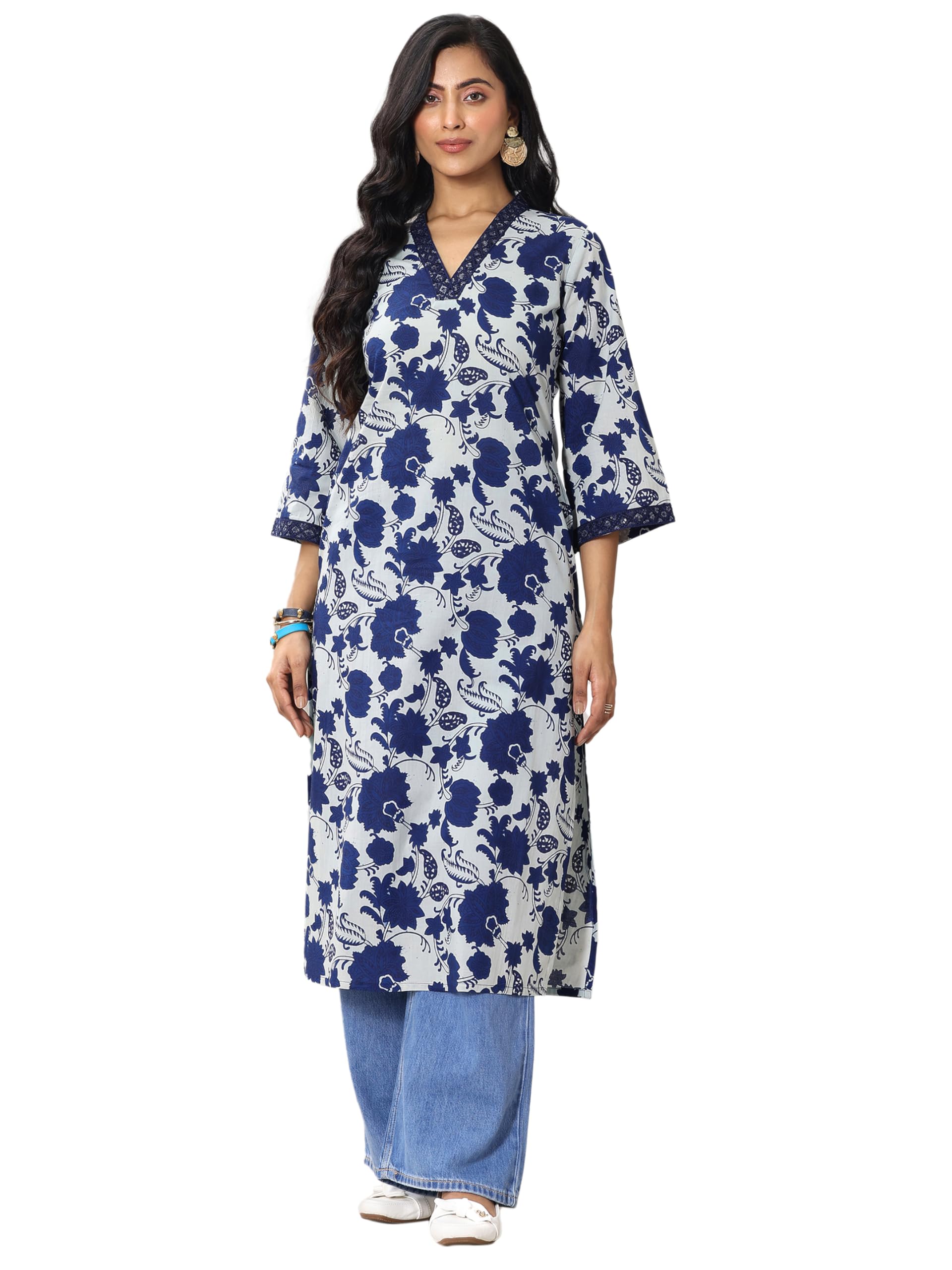 Libas Womens Printed Cotton Straight Kurta For Women Indigo