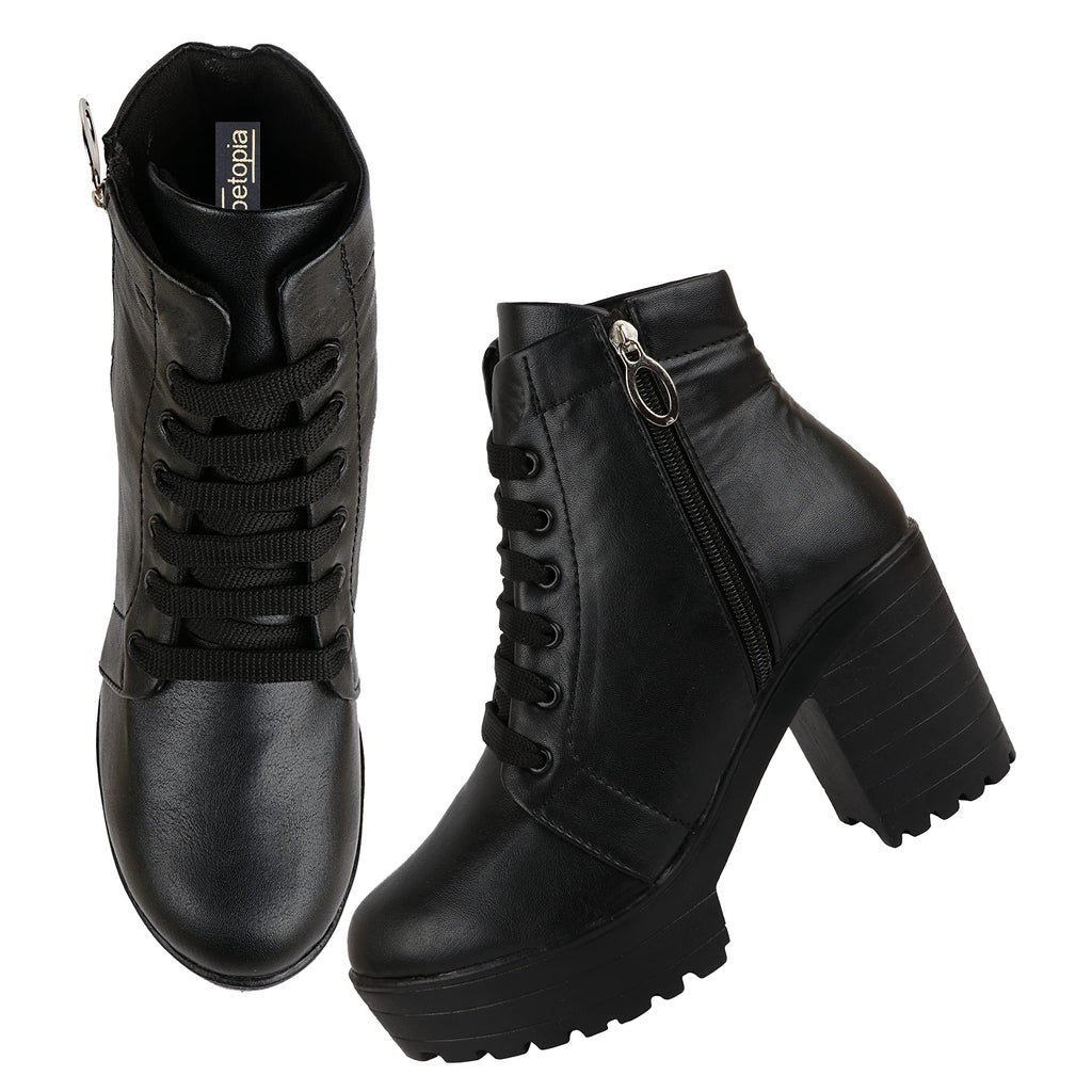 Shoetopia Women Black Zipper & Lace Up Block Heeled Boots
