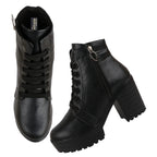 Shoetopia Women Black Zipper & Lace Up Block Heeled Boots