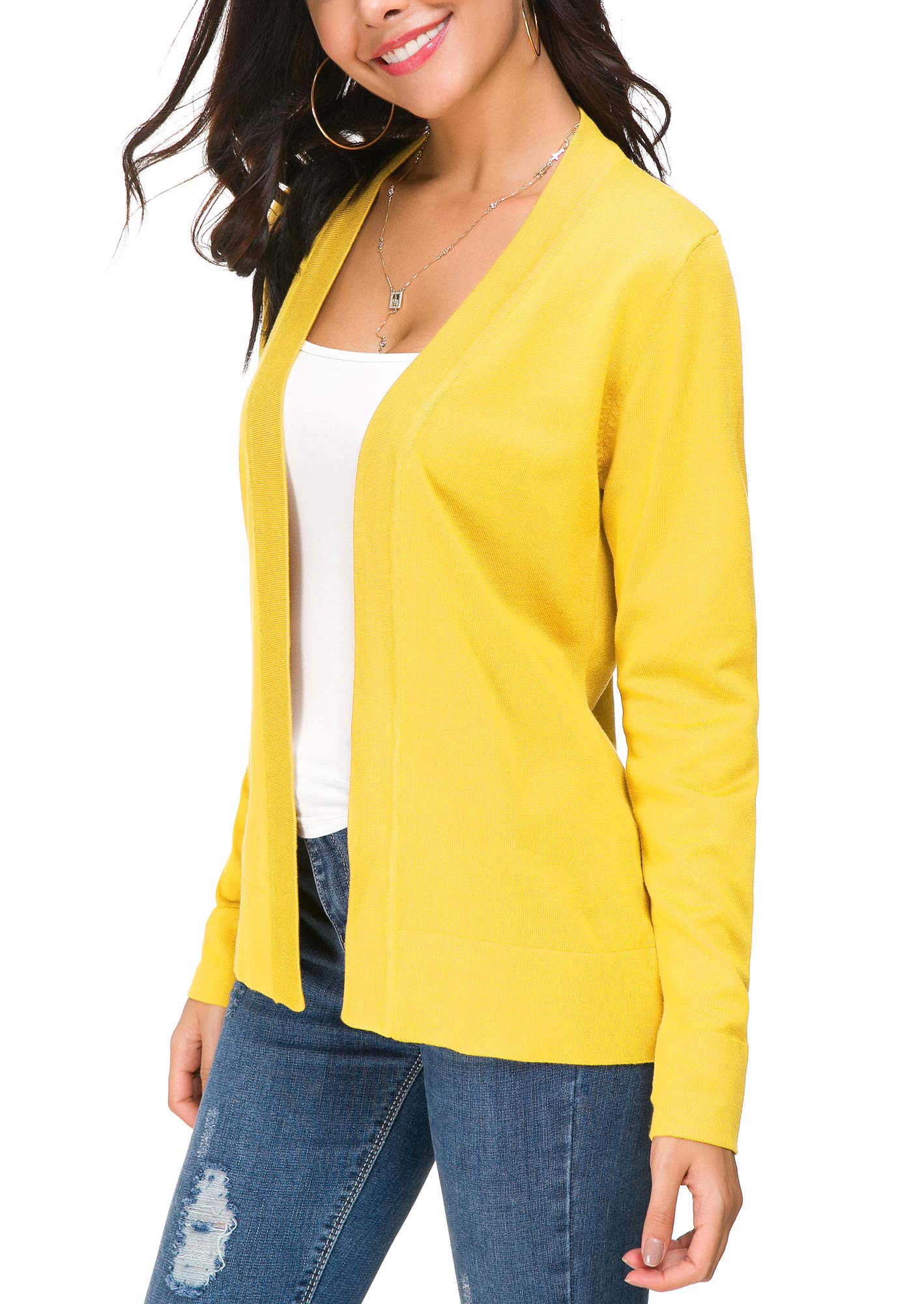 Women's Knit Cardigan Open Front Sweater Coat Long Sleeve (L, Lemon Yellow)