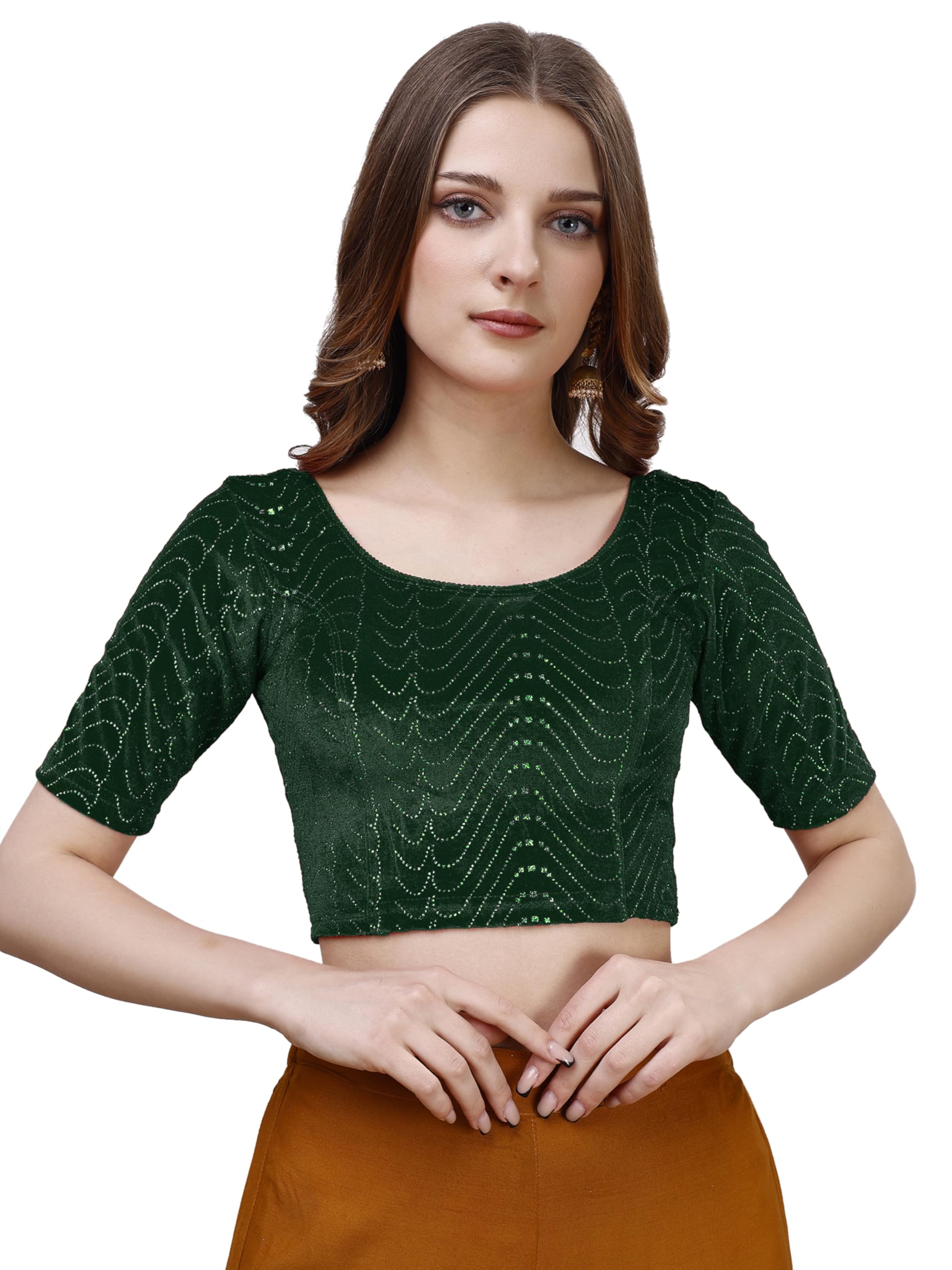 Pujia Mills WomenS Readymade Hosiery Velvet Lycra Stretchable Round Neck Half Sleeve Blouse With Jari Work Fancy Green Color Ly
