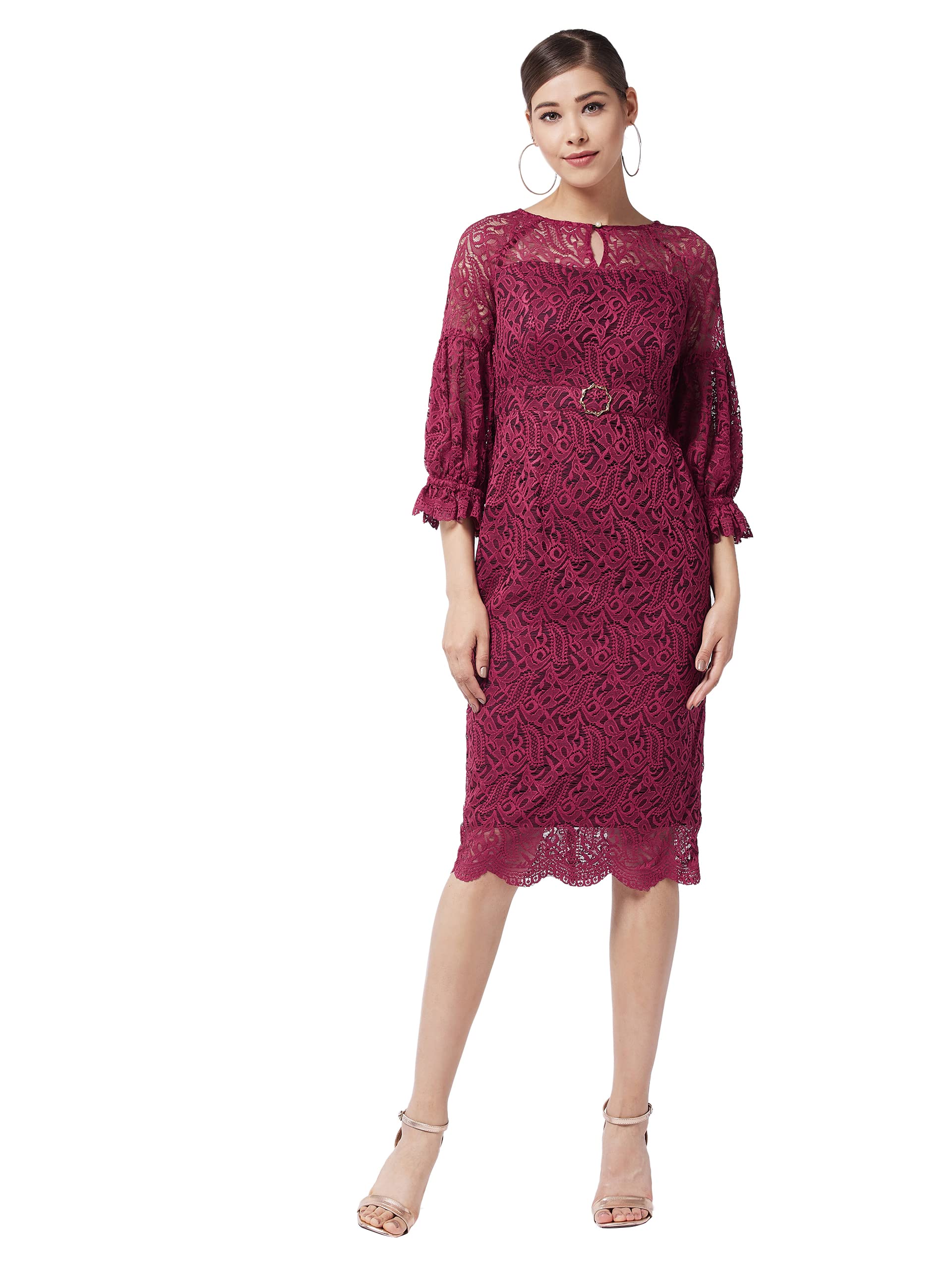 Miss Chase WomenS Maroon Round Neck Puff Sleeve Floral Lace Overlaid Midi Dress(Mcaw21D13-47-143-06,Maroon,Xl)