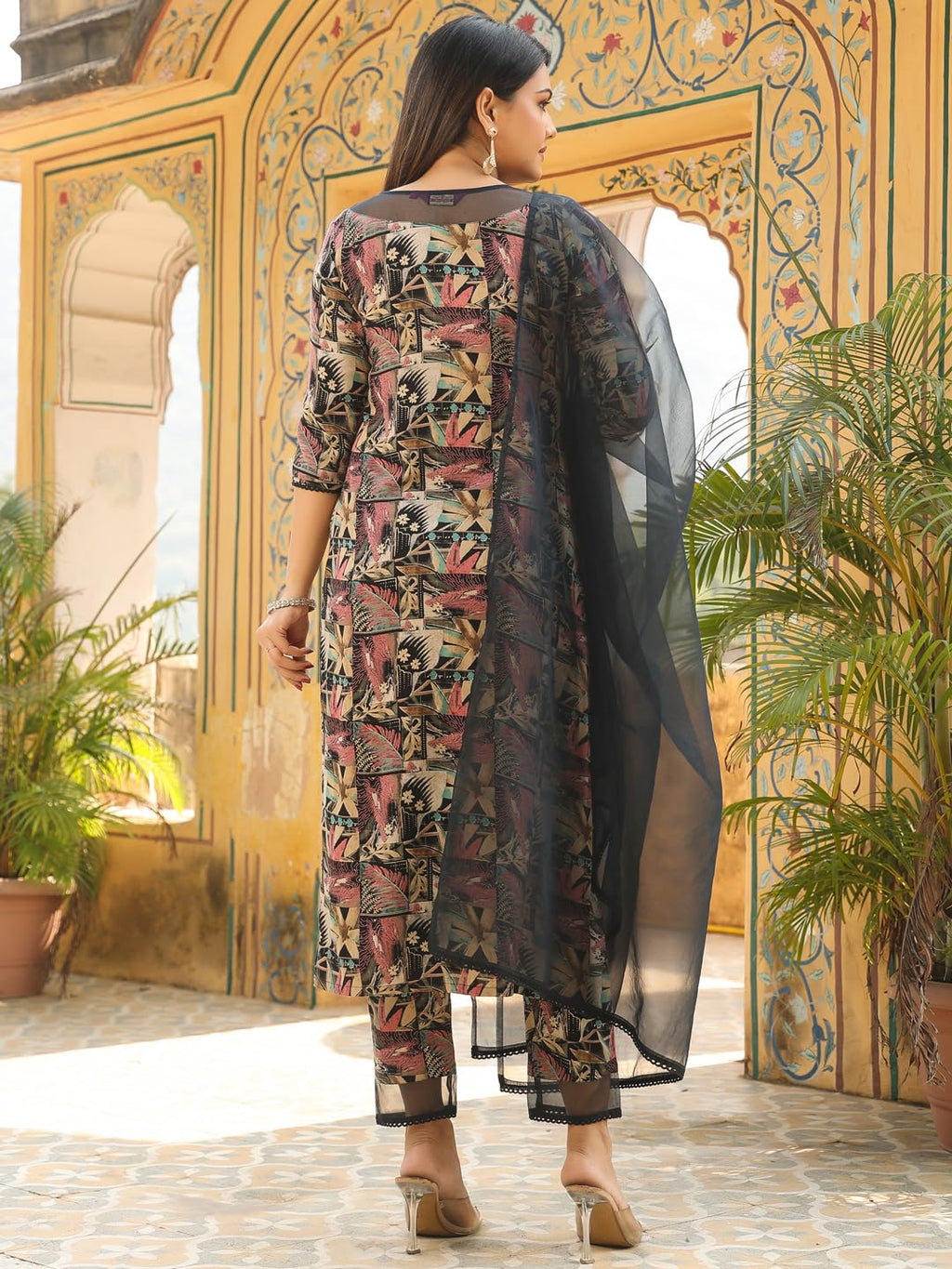 ANNI DESIGNER Womens Rayon Blend Printed Straight Kurta with Pant & Dupatta (Keech Black_M_Black_Medium)