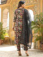 ANNI DESIGNER Womens Rayon Blend Printed Straight Kurta with Pant & Dupatta (Keech Black_M_Black_Medium)