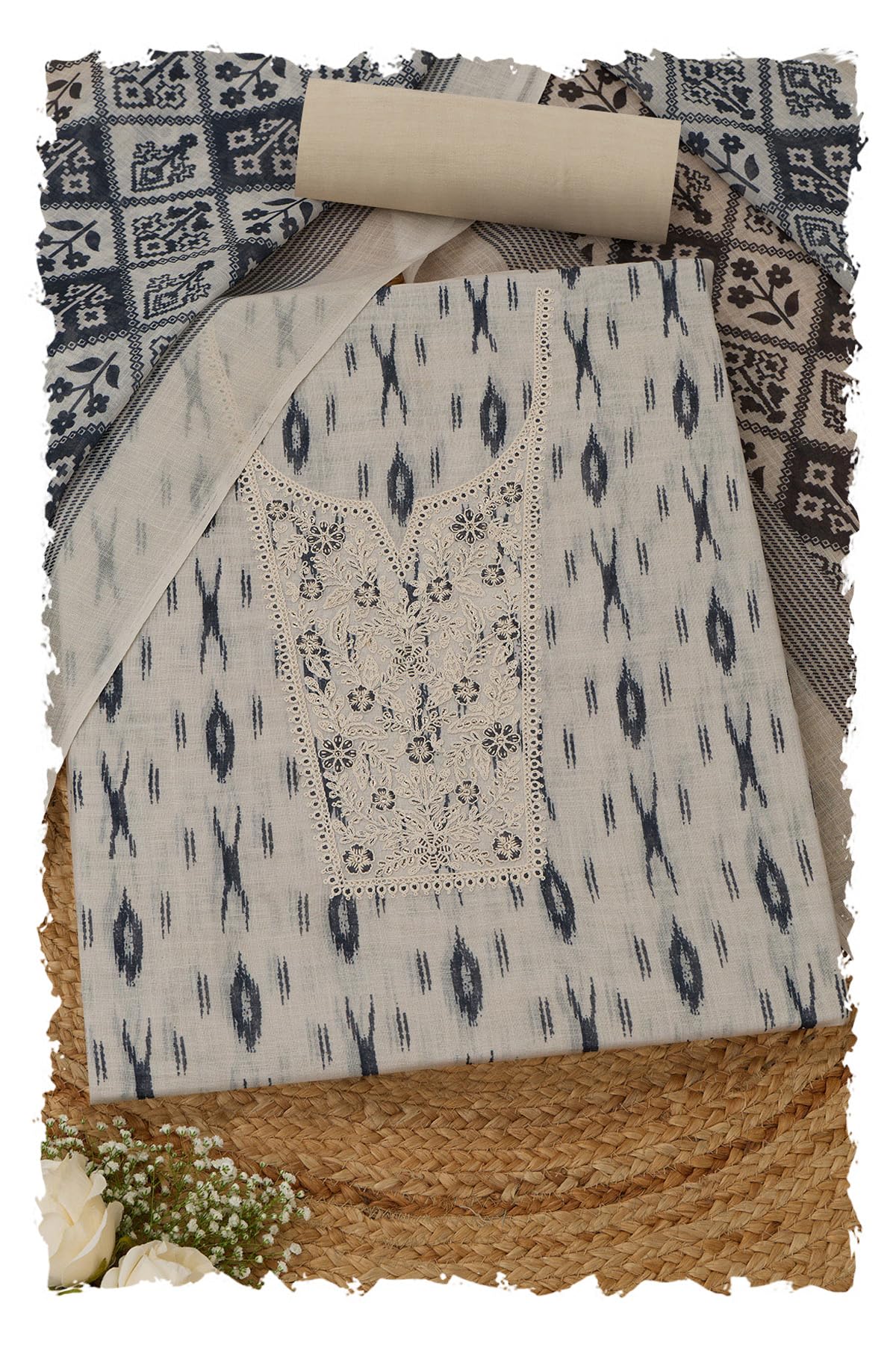 Soch Women Linen Ikat Print Dress Material with Thread Work