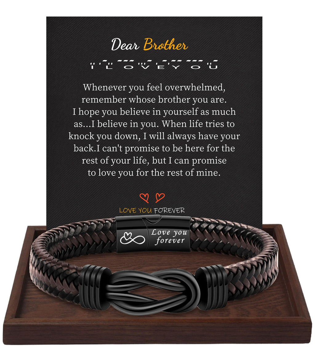 Brother Birthday Gift Stocking Stuffers for Teen Boys Leather Bracelets for Men Black Braided Love You Forever Christmas Jewelry