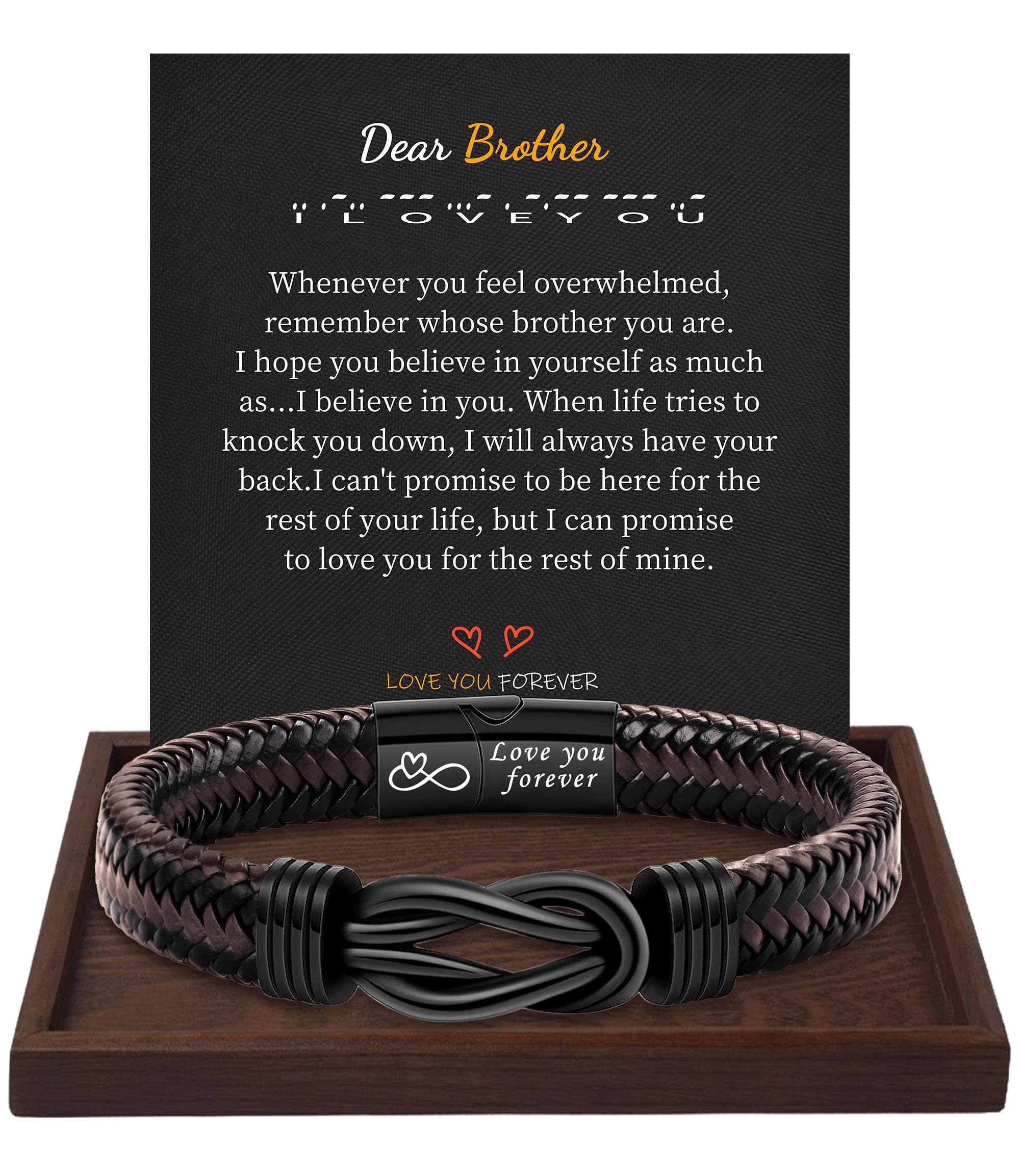 Brother Birthday Gift Stocking Stuffers for Teen Boys Leather Bracelets for Men Black Braided Love You Forever Christmas Jewelry