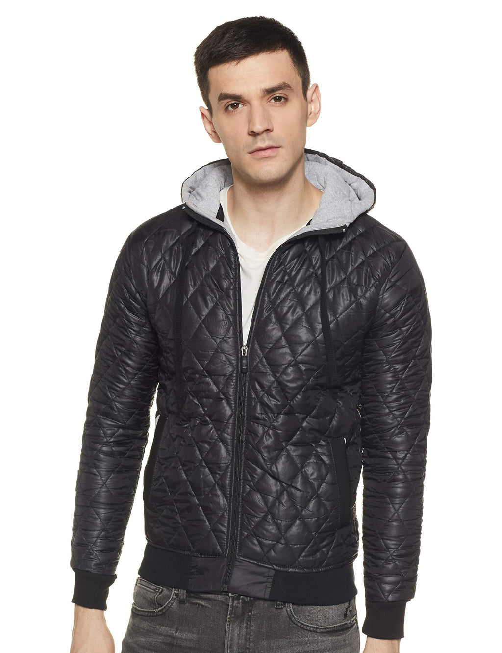 Campus Sutra Mens Black Solid Vegan Leather Regular Fit Cotton Jacket for Winter Wear Standing Collar Full Sleeve | Zipper | Ca