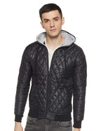 Campus Sutra Mens Black Solid Vegan Leather Regular Fit Cotton Jacket for Winter Wear Standing Collar Full Sleeve | Zipper | Ca