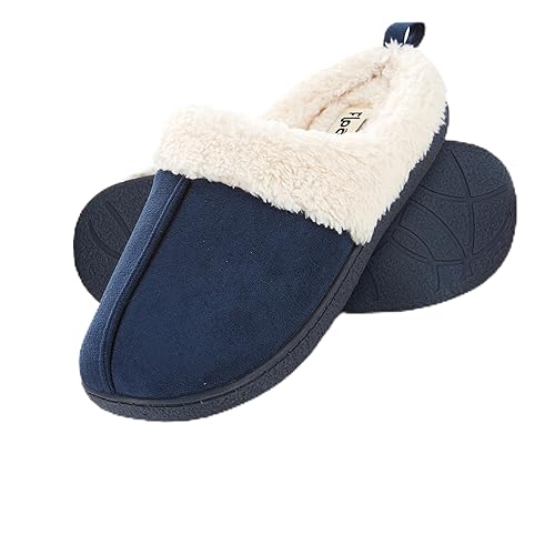 Floopi House Slippers for Women, Fur Lined Clog Womens Slippers Cozy Memory Foam with Indoor & Outdoor Anti Skid Sole (S, Navy-3