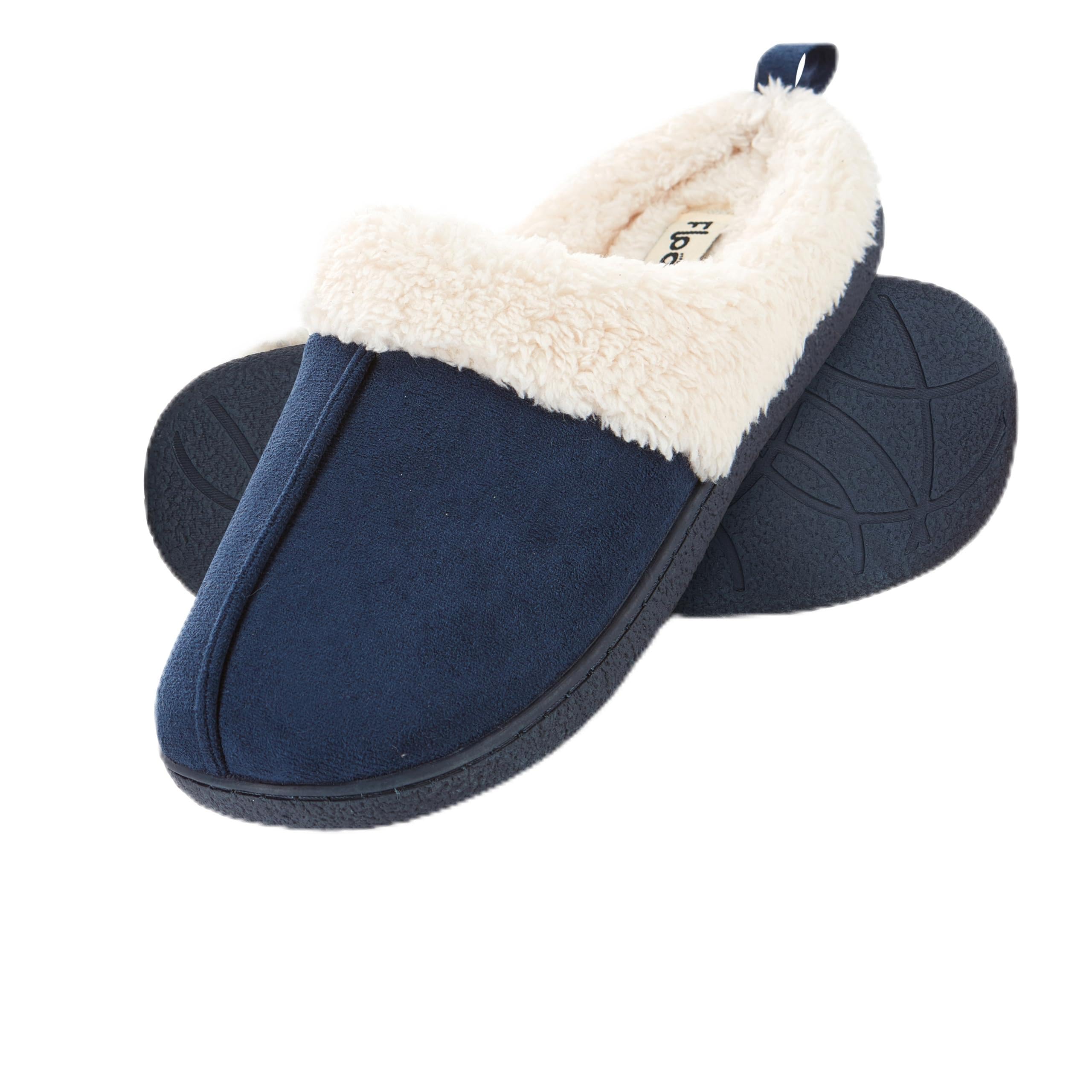 Floopi House Slippers for Women, Fur Lined Clog Womens Slippers Cozy Memory Foam with Indoor & Outdoor Anti Skid Sole (S, Navy-3