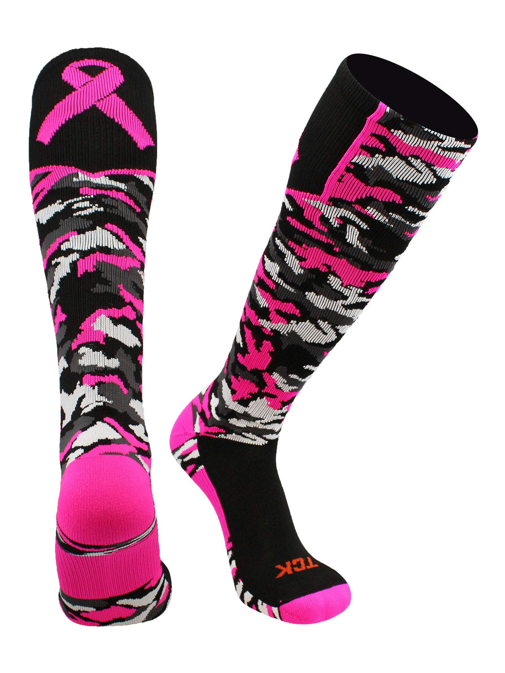 TCK Woodland Camo Breast Cancer Awareness Over the Calf Socks (Black/Hot Pink, Large) - Black/Hot Pink,Large