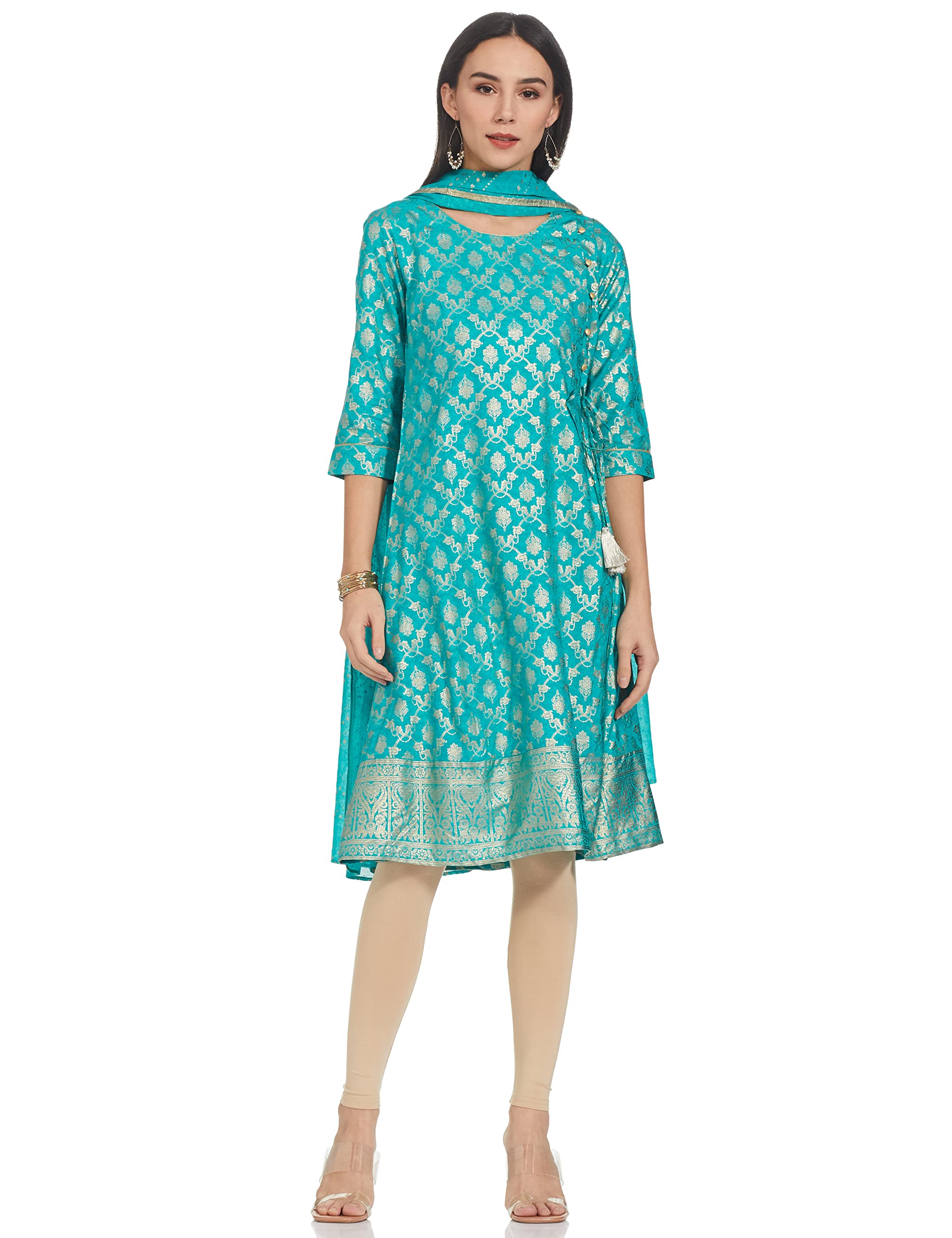 Aurelia Women'S Viscose Teal Green Geometric Round Neck A-Line Kurta Set_21Onas12614-504453_Xl