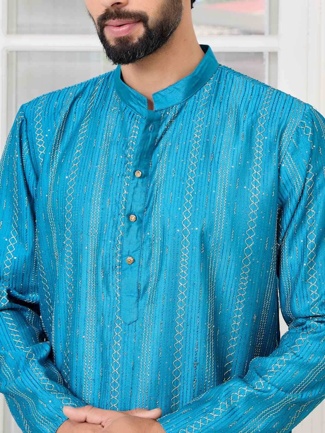 See Designs Mens Full Sleeve Mandarin Collar Blue Embroidered Chanderi Silk Straight Long Kurta - Festive Collection | Dussehra