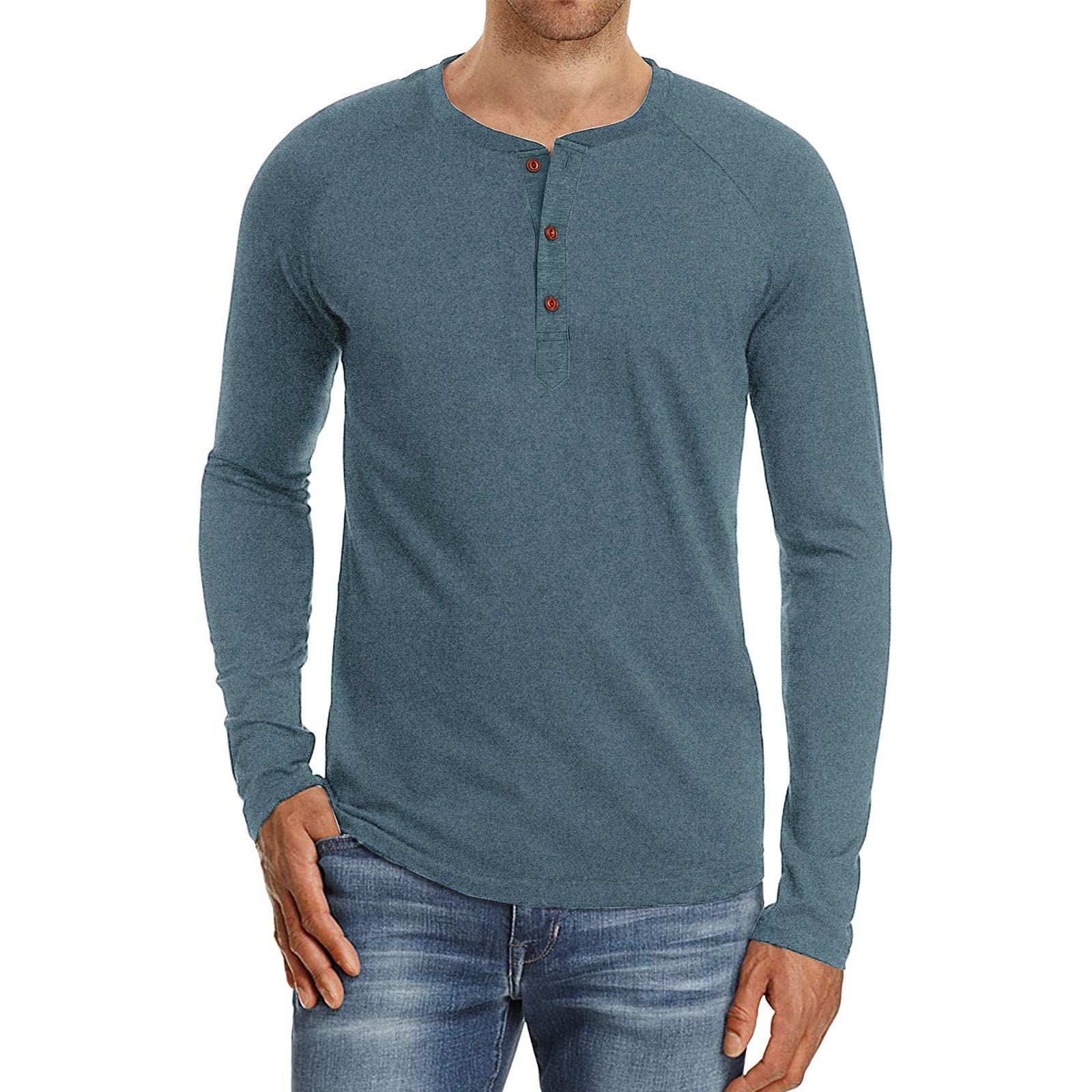 PEGENO Men's Casual Slim Fit Long Sleeve Henley T-Shirts Cotton Shirts (US Small, A1 VG-Blue)