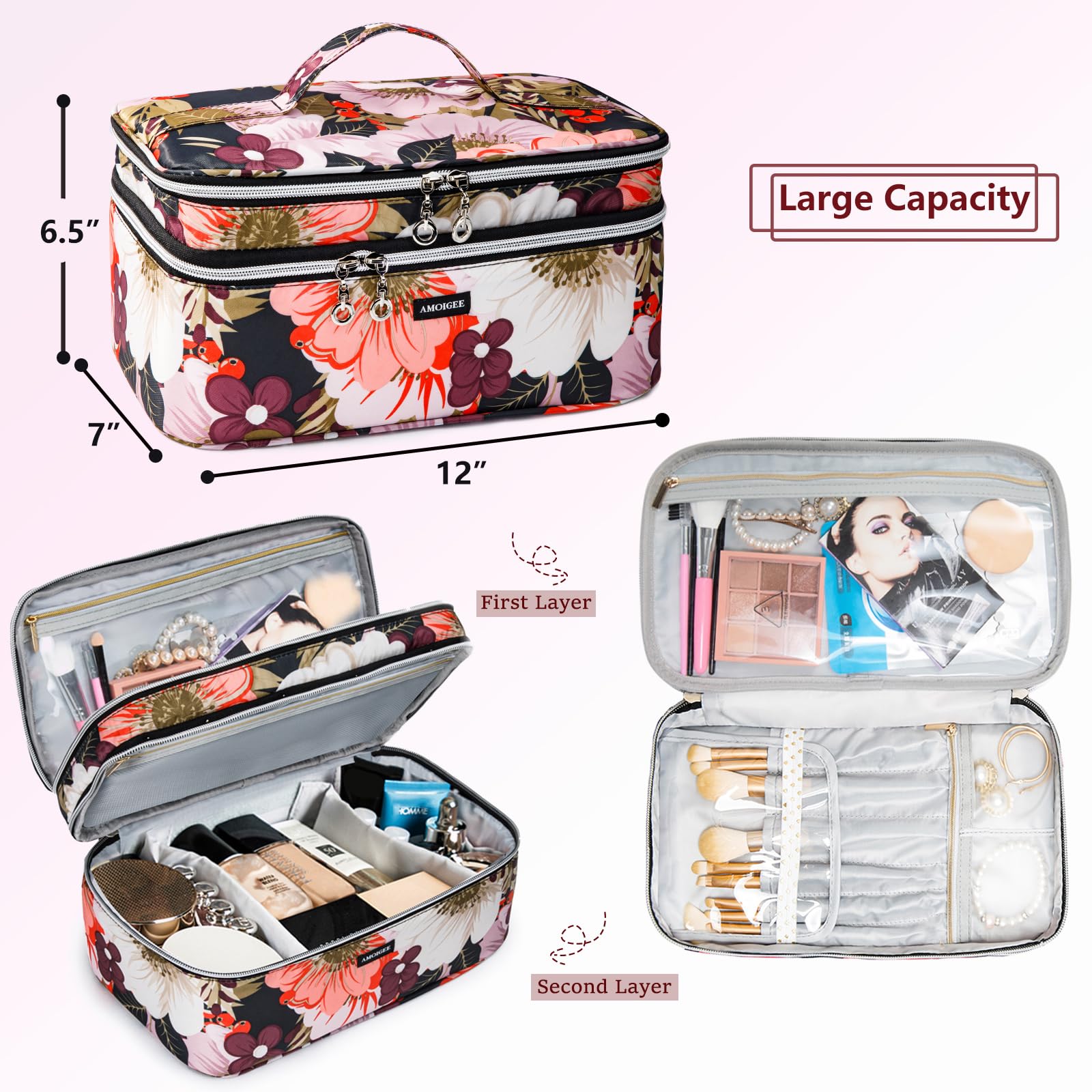 AMOIGEE Large Travel Makeup Bag Organizer, Double Layer Train Case, Toiletry Bag for Makeup Brushes, Full Size Bottles, Palettes