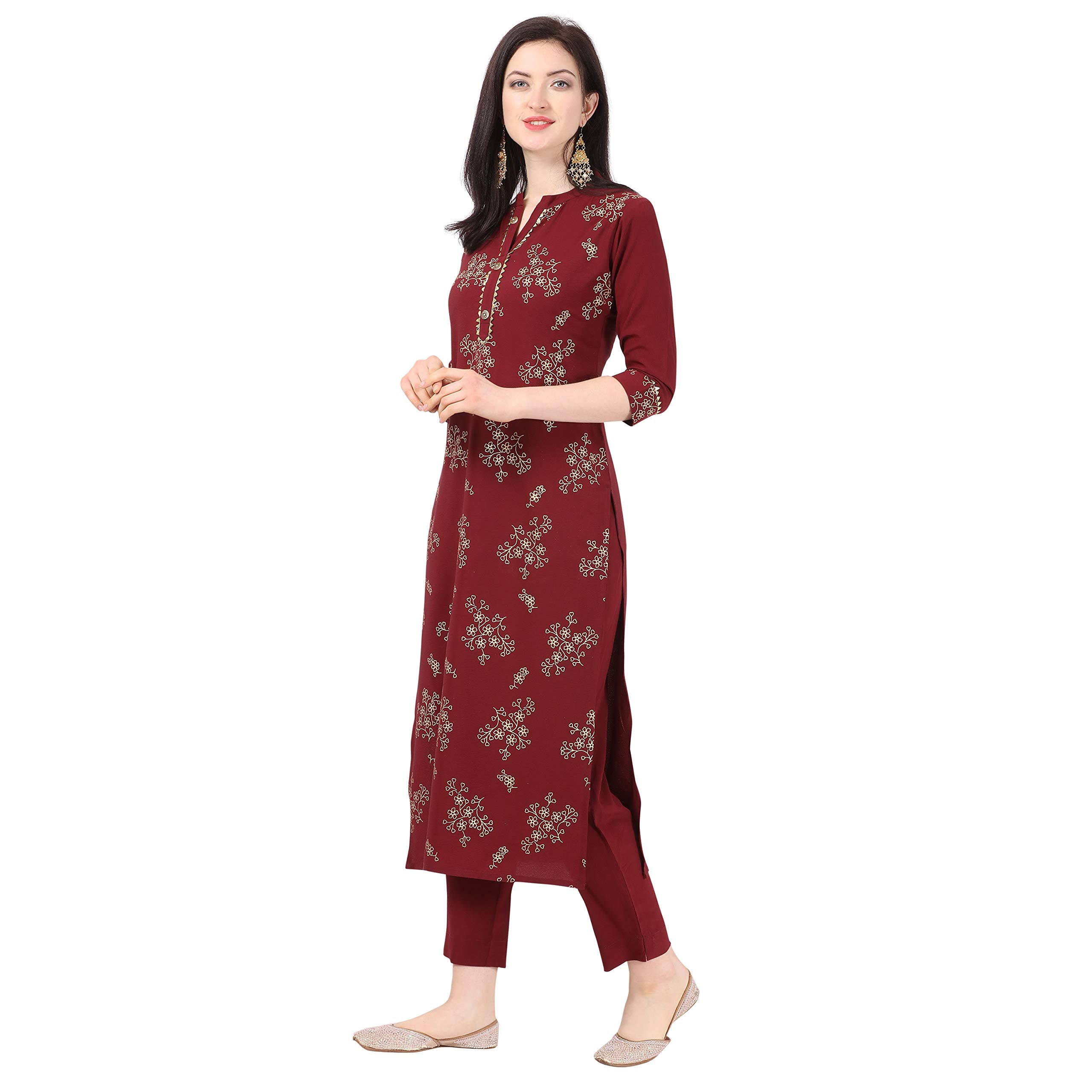 Nainvish Crepe Stitched Kurti With Pant Set For Women Maroon