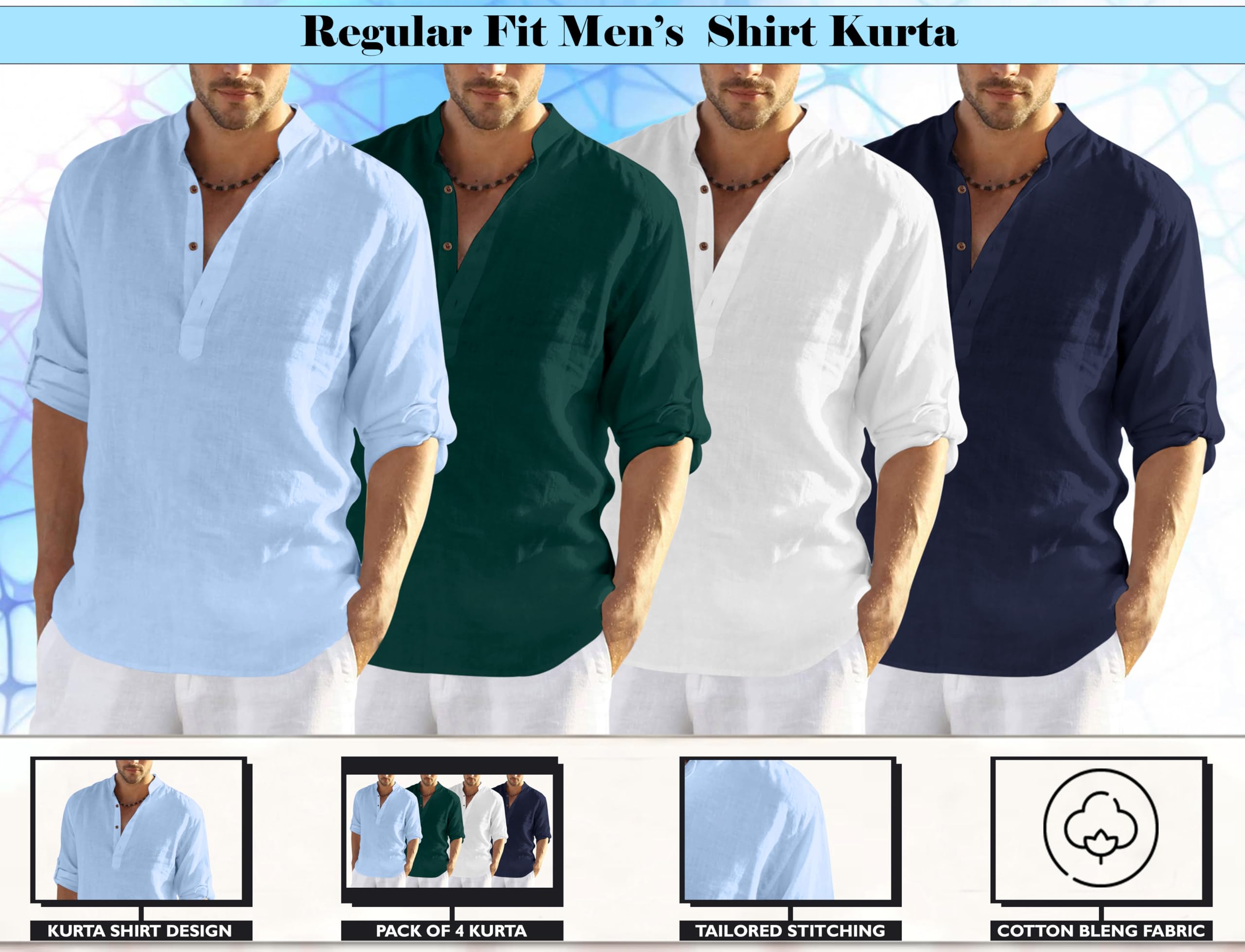 Zombom MenS Cotton Blend Solid Full Sleeve Regular Fit Kurta Shirt, Multicolor, Xl, Combo Set Of 4