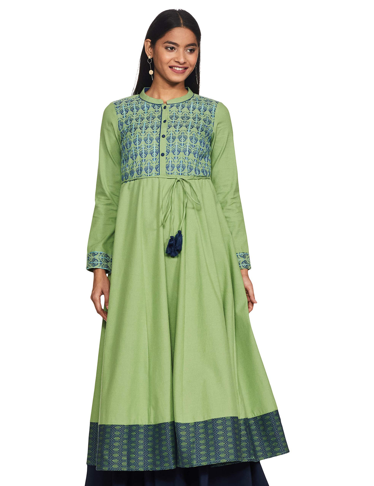 Aurelia Womens Cotton Blend Green Herringbone Mandarin Collar Straight Kurta_20NOA11833-701323_XS