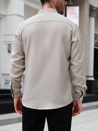 AVANOVA Mens Solid Urban Plain Beige Color Button-Down Long Sleeve Single-Breasted Stand Collar Slim Fit Business Casual Shirt,
