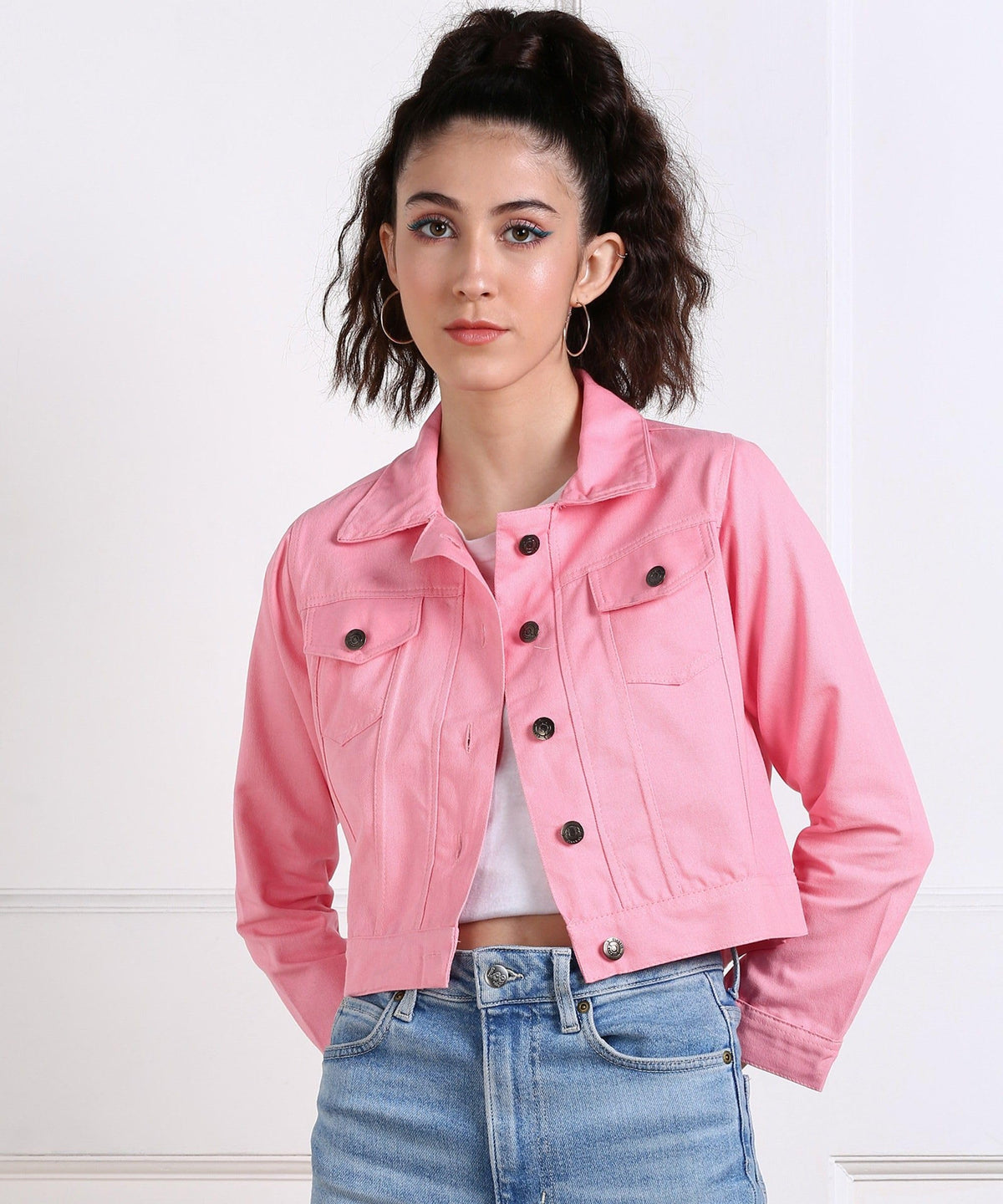 MONTREZ Women Baby Pink Crop Denim Jacket 2