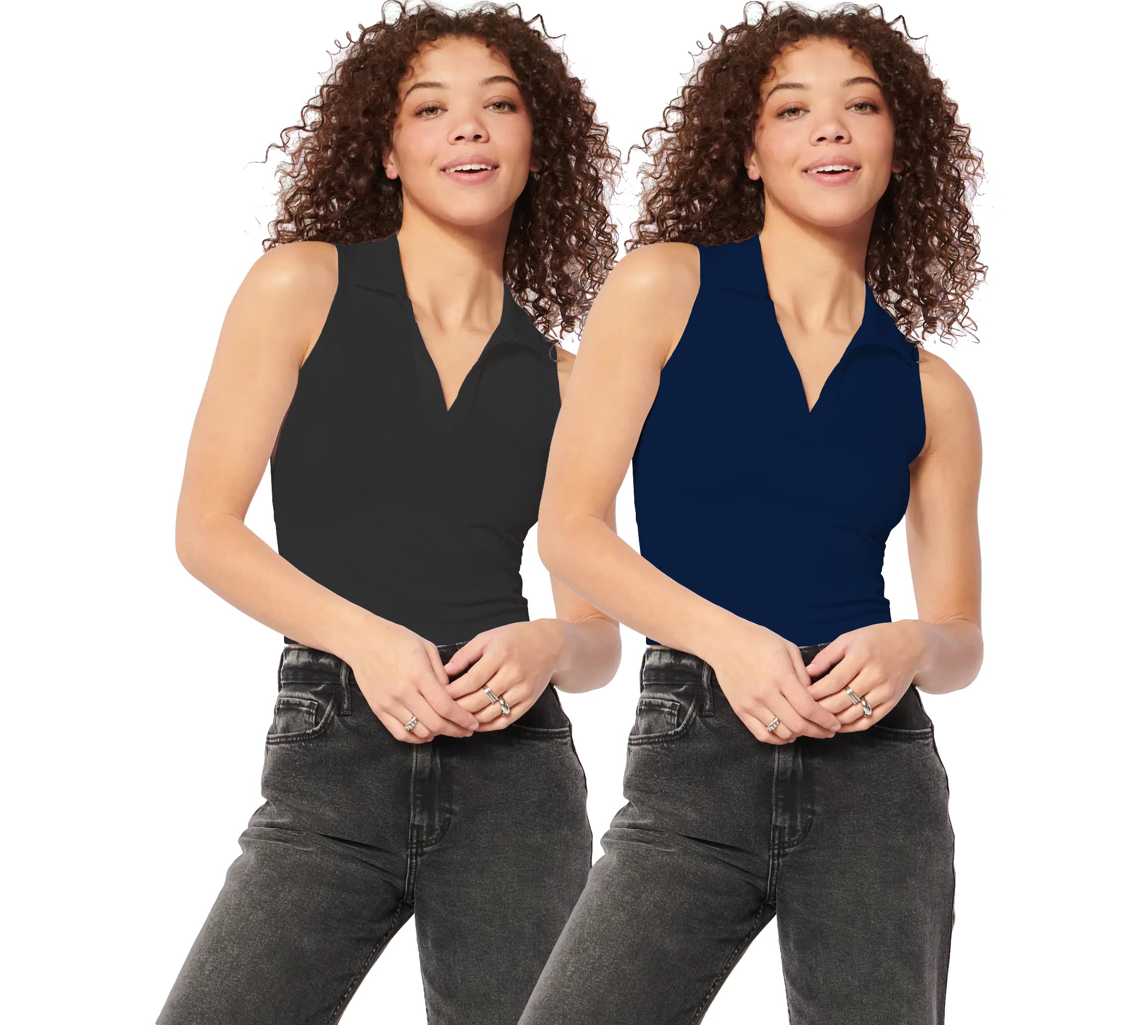 Shasmi Womens & Girls Solid Ribbed Polo Club Collar Sleeveless Slim Fit Simplicity Tank Tops (Pack of 2) (TOP 49 Black N Blue 