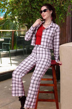 Popwings Casual Checks Print Crop Shirt And Trouser Co-Ord Set For Women | Shirt And Pant Co-Ord Set For Women | Full Sleeves Co