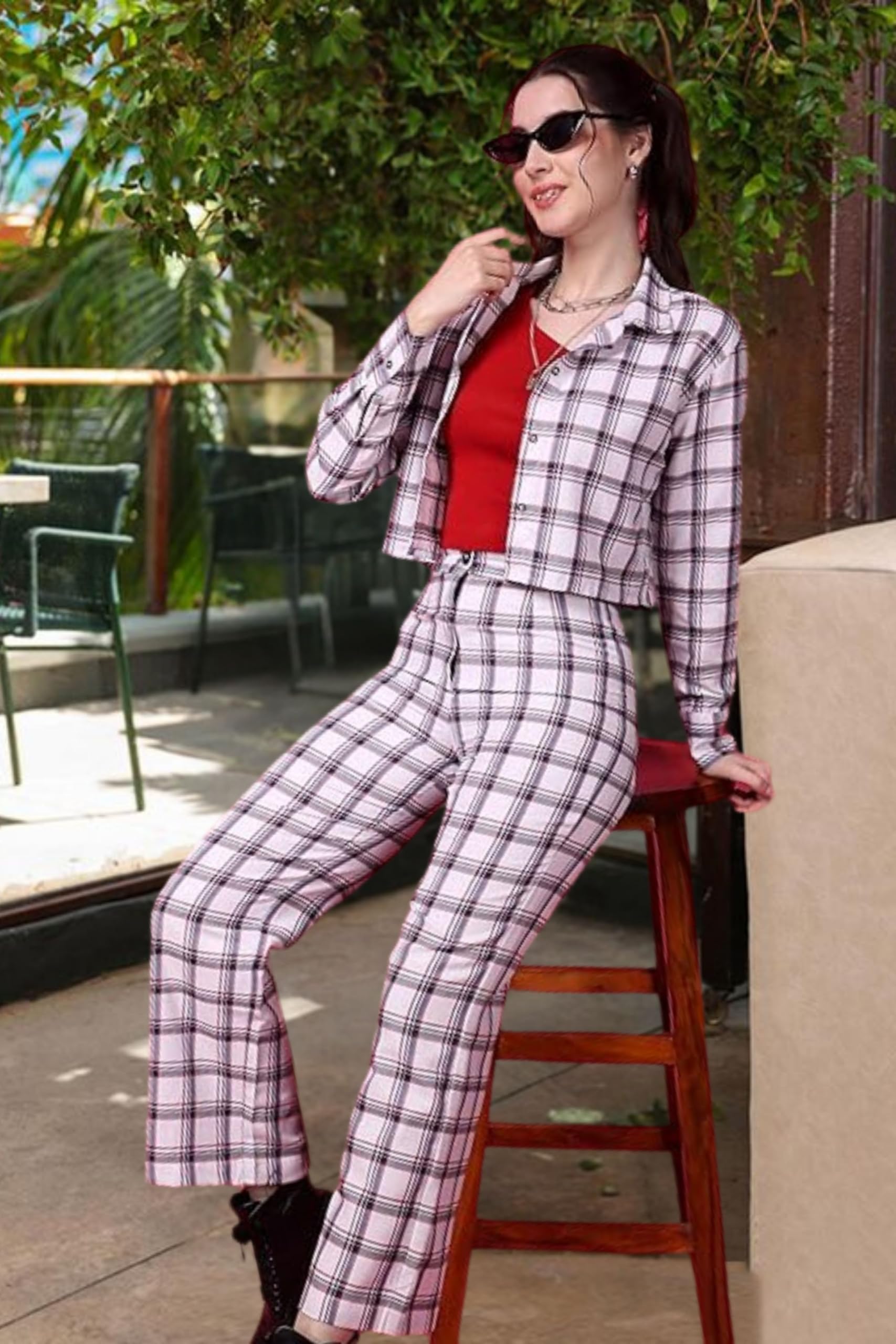 Popwings Casual Checks Print Crop Shirt And Trouser Co-Ord Set For Women | Shirt And Pant Co-Ord Set For Women | Full Sleeves Co