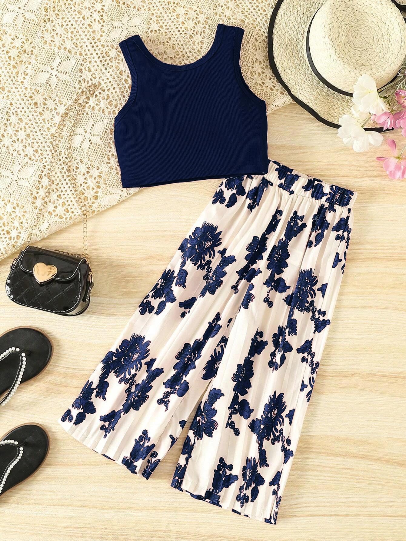 TAGAS Girls Polyester Solid Tank Top & Polka Dot Wide Leg Pants || COORDINATED OUTFIT || DRESS || TOP WITH PALAZZOS ||(GTP), Nav